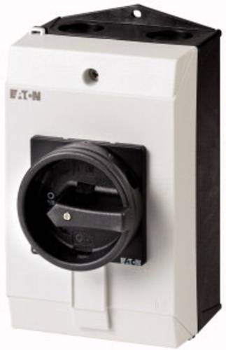 Das Bild zeigt den Moeller Hauptschalter P1-25/I2/SVB-SW/HI11, der zur Kategorie der industriellen Schaltgeräte gehört. Er dient als Hauptschalter in elektrischen Anlagen, um bei Bedarf den Stromkreis sicher zu unterbrechen. Der Schalter ist typischerweise in einem Gehäuse montiert und hat einen großen Drehschalter auf der Vorderseite zur Bedienung.