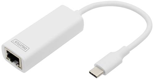 Das Bild zeigt den 'Digitus Netzwerk | USB 3.2 Gen 1 (USB 3.0) Adapter'. Es handelt sich dabei um einen Adapter mit einem USB-C-Stecker an einem Ende und einem RJ45-Anschluss am anderen. Der Adapter wird verwendet, um Geräte mit USB-C-Anschluss mit einem Netzwerkkabel zu verbinden, um so eine kabelgebundene Netzwerkverbindung herzustellen.