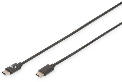 Das Bild zeigt das 'Digitus USB-C zu USB-C Kabel | USB 2.0 | 4m | Schwarz | Flexibel | Geschirmt', ein schwarzes, vier Meter langes, flexibles und geschirmtes USB-C auf USB-C Kabel. Es dient dazu, zwei Geräte mit USB-C Anschlüssen zu verbinden, beispielsweise für das Laden von Geräten oder den Datenaustausch. Das Kabel liegt gestreckt auf einer einfarbigen Oberfläche, was die beiden USB-C Stecker an den Enden deutlich hervorhebt.