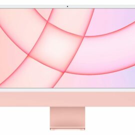 Das Bild zeigt den Apple iMac 24" mit M1 Chip in der Farbe Rosé von vorne mit aufleuchtendem Bildschirm. Der Zweck des Bildes ist es, das Design und die Farbe des Produkts zu präsentieren. Der iMac steht auf seinem charakteristischen Standfuß und hat dünne Bildschirmränder, wodurch das große Display betont wird.