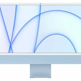 Das Bild zeigt einen Apple iMac 24" mit M1 Chip in Blau, der auf einem Tisch steht. Das Design ist schlank und modern, mit dünnen Rändern um das Display herum und einer einzigen, metallischen Standfußstruktur. Der Bildschirm zeigt das typische macOS-Hintergrundbild mit sanften Blautönen, das zur Farbgebung des iMac passt. Der Zweck des Bildes ist es, das Produkt in seiner Gesamtheit darzustellen, um ein visuelles Verständnis für das Design, die Farbe und die Form des iMac zu bieten.