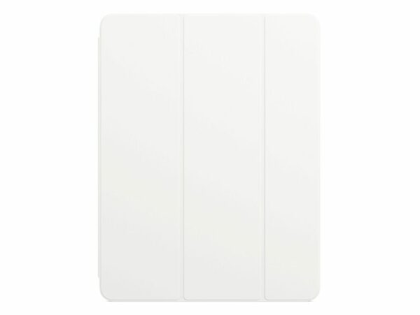 Das Bild zeigt das Apple Smart Folio in Weiß für das iPad Pro 12.9" (3.–6. Gen.). Das Smart Folio ist flach gefaltet dargestellt, wobei die Frontansicht zu sehen ist. Es handelt sich um eine schützende Zubehörhülle mit einem dreigeteilten Design, das typisch für Apples Smart Covers ist und es ermöglicht, die Hülle als Ständer für das iPad zu verwenden.