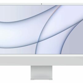 Das Bild zeigt einen Apple iMac 24" mit einem M1 Chip, der über eine 8-Core CPU und 8-Core GPU verfügt. Der iMac besitzt 16 GB RAM und eine 1 TB SSD, unterstützt Touch ID und ist in der Farbe Silber abgebildet. Das Bild dient dazu, das Design und die ästhetische Erscheinung des Computers zu präsentieren, normalerweise für Werbezwecke oder als visuelle Referenz für Interessenten und Käufer.