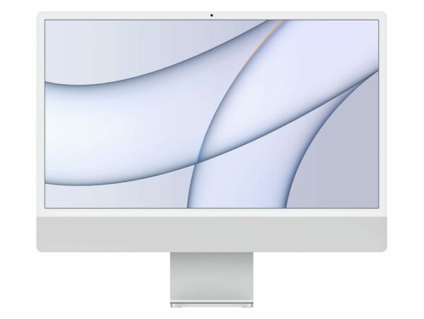 Das Bild zeigt einen Apple iMac 24 mit einem M1 8-Core CPU und 8-Core GPU, ausgestattet mit 16 GB RAM und 1 TB SSD, sowie TouchID in der Farbe Silber. Das Design ist modern und minimalistisch, charakteristisch für Apple-Produkte, mit schmalen Rändern rund um den Bildschirm und einem schlanken Standfuß. Das Bild dient dazu, das Produkt visuell zu präsentieren, und es werden dabei die ästhetischen Eigenschaften und das schlanke Design des iMac hervorgehoben.