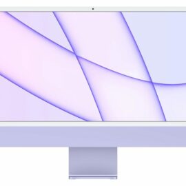 Das Bild zeigt den Apple iMac 24" mit M1 8-Core CPU und 8-Core GPU, ausgestattet mit 8 GB RAM und einer 256 GB SSD in der Farbe Violett. Der iMac ist frontal abgebildet und das Display zeigt ein abstraktes, violett-weißes Hintergrunddesign. Der Zweck des Bildes ist es, das Produkt ästhetisch zu präsentieren und die Farbe sowie das Design des iMacs hervorzuheben.
