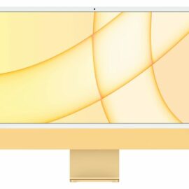 Apple iMac 24" mit M1 Chip in Gelb, frontal betrachtet, auf weißem Hintergrund. Der iMac zeigt einen Bildschirm mit hellem, gelbem Hintergrundbild, und besitzt eine dünne, gelbe Metallkante sowie einen passenden Standfuß. Das Bild dient zur Produktpräsentation und zeigt das Design und die Farbe des Geräts.