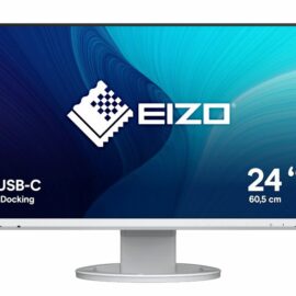 Das Bild zeigt den EIZO FlexScan EV2480-WT 23.8" Full-HD Office-Monitor in Weiß. Der Bildschirm wird frontal präsentiert, um das Design und die visuelle Schnittstelle hervorzuheben. Auf dem Display sind das EIZO Logo, die Angabe der Monitorgröße "24"" (60,5 cm), sowie die Funktionalität "USB-C Docking" zu sehen, was darauf hindeutet, dass der Monitor eine USB-C-Dockingstation-Unterstützung bietet. Der Zweck des Bildes ist es, potenziellen Käufern einen klaren Blick auf das Produkt zu geben und gleichzeitig einige der Schlüsselfunktionen und das Design zu betonen.