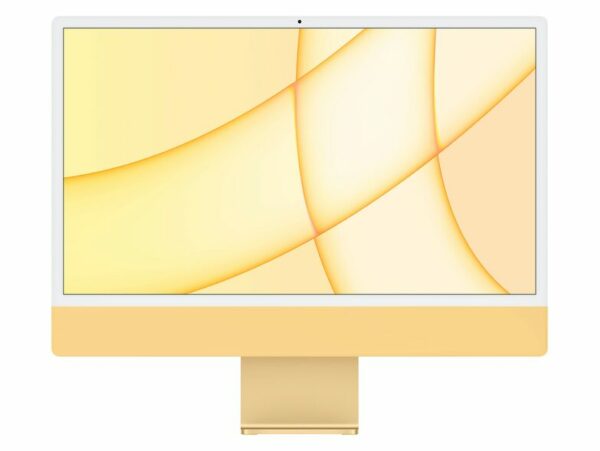 Das Bild zeigt einen iMac 24" mit M1 Chip von Apple in der Farbe Gold, von vorne betrachtet. Das Display zeigt einen goldfarbenen Hintergrund, was die Farbgebung des Gerätes unterstreicht. Der iMac steht auf einem schlanken, metallenen Ständer, der im gleichen Farbton gehalten ist, und präsentiert sich mit einem minimalistischen und modernen Design, kennzeichnend für Apple-Produkte.