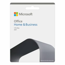 Das Bild zeigt die Verpackung des Produktes "Microsoft Office Home & Business 2021". Zu sehen ist eine Key Card Verpackung mit einer grauen und weißen Farbgestaltung. Auf der Vorderseite der Verpackung ist das Microsoft-Logo oben links positioniert und darunter steht der Produktname "Office Home & Business" sowie die Hinweise "1 PC/Mac" und das Erscheinungsjahr "2021". Am unteren Rand der Vorderseite befindet sich ein blauer Textstreifen, der darauf hinweist, dass die Freischaltung erst nach Kauf erfolgt. Das Bild dient dazu, das Produkt visuell darzustellen und zu zeigen, wie der Artikel in seiner Verkaufsverpackung aussieht.