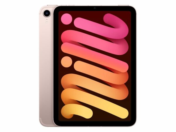 Das Bild zeigt das Apple iPad mini (2021) in der Farbe Rose mit einer Ansicht von vorne und der Seite, wobei der Bildschirm eingeschaltet ist und eine farbenfrohe grafische Darstellung anzeigt. Auf der Seite ist die Kamera des Geräts sichtbar. Das Bild dient dazu, das Design und die Farbe des Produkts sowie die Bildschirmqualität zu präsentieren.