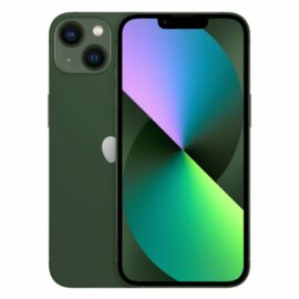Das Bild zeigt das Apple iPhone 13 mit 256 GB in der Farbe Grün. Zu erkennen ist die Vorder- und Rückseite des Geräts, wobei der Fokus auf dem geräumigen Display und der Dual-Kamera auf der Rückseite liegt. Das Design des Smartphones ist modern und elegant, mit einer markanten grünen Farbgebung, die dem Zweck dient, das Aussehen und die Farboptionen des Produkts hervorzuheben.