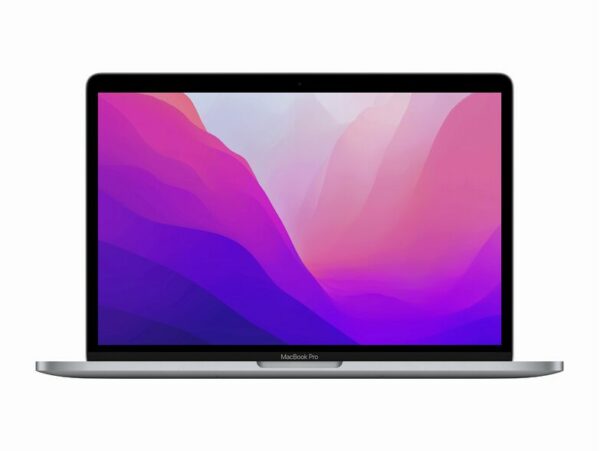Das Bild zeigt das Frontansicht des Apple MacBook Pro 13" (2022) mit M2 Chip. Der Laptop ist geöffnet und auf dem Bildschirm ist ein farbenfrohes, abstraktes Wallpaper zu sehen. Das Bild dient dazu, das Design und die Ästhetik des MacBook Pro zu präsentieren, einschließlich des schlanken Profils und des großen Displays mit dünnen Rändern. Der Fokus liegt auf dem Produkt selbst, sodass potenzielle Käufer und Interessenten sich ein Bild von dem Gerät machen können.
