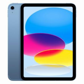 Dieses Bild zeigt das Apple iPad (2022) mit WiFi & Cellular und 64 GB Speicherkapazität in der Farbe Blau. Das iPad ist frontal abgebildet mit leicht sichtbarer linker Seite und präsentiert den Bildschirm mit einer dynamischen, mehrfarbigen Hintergrundgrafik, welche die hohe Bildqualität und farbenfrohe Darstellung hervorzeigen soll. Der Zweck des Bildes ist es, das Design und die Farbe des Produkts zu demonstrieren sowie einen visuellen Eindruck von der Displayqualität zu vermitteln.