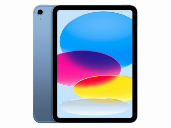 Dieses Bild zeigt das Apple iPad (2022) mit WiFi & Cellular und 64 GB Speicherkapazität in der Farbe Blau. Das iPad ist frontal abgebildet mit leicht sichtbarer linker Seite und präsentiert den Bildschirm mit einer dynamischen, mehrfarbigen Hintergrundgrafik, welche die hohe Bildqualität und farbenfrohe Darstellung hervorzeigen soll. Der Zweck des Bildes ist es, das Design und die Farbe des Produkts zu demonstrieren sowie einen visuellen Eindruck von der Displayqualität zu vermitteln.