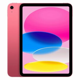 Das Bild zeigt das Apple iPad (2022) in Pink mit WiFi und einer Speicherkapazität von 64 GB. Zu sehen ist das iPad in einer frontalen Ansicht, wobei der Fokus auf dem Display liegt, das ein farbenfrohes Wallpaper präsentiert. Das Design ist schlank und das Gerät weist die charakteristischen abgerundeten Ecken auf, die für iPads bekannt sind. Die Frontkamera ist am oberen Rand des Bildschirms erkennbar, und es gibt einen seitlichen Button, der vermutlich als Ein-/Ausschalter und/oder für die Lautstärkeregelung dient. Der Zweck des Bildes ist es, das Aussehen und Design des iPads zu zeigen sowie die verfügbare Farbvariante hervorzuheben.