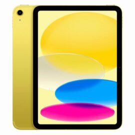 Das Bild zeigt das Apple iPad (2022) mit WiFi & Cellular und 64 GB Speicher in der Farbe Gelb in einer Vorderansicht. Man sieht den Bildschirm mit einer farbenfrohen grafischen Darstellung und den gelben Rahmen des Geräts. An einer Seite ist die Kamera sichtbar. Das Bild dient dazu, das Design und die Farbe des Produktes zu präsentieren.