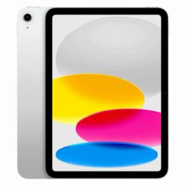 Das Bild zeigt das Produkt 'Apple iPad (2022)', mit WiFi und 256 GB Speicher in Silber. Zu sehen ist die Vorderansicht des iPads, wobei der Bildschirm eingeschaltet ist und ein farbenfrohes Hintergrundbild darstellt. Die Kamera befindet sich in der oberen linken Ecke auf der Rückseite und der Rahmen des Gerätes ist in Silber gehalten. Das Bild dient dazu, das Design des iPads sowie die Bildschirmqualität durch die Darstellung der lebhaften Farben zu präsentieren.