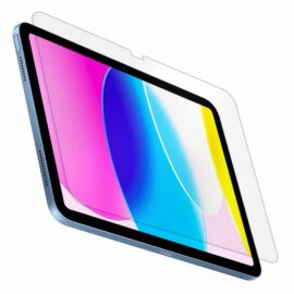Das Bild zeigt das Networx Schutzglas, das speziell für das iPad der 10.Generation konzipiert ist. Das Schutzglas bedeckt den Bildschirm des iPads und ist am Rand abgebildet. Es demonstriert, wie das Glas auf das Display des Gerätes passt, um es vor Kratzern und Beschädigungen zu schützen.