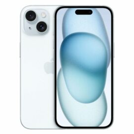 Frontansicht des Apple iPhone 15 mit 256 GB in Weiß, das über ein großes Display mit einer Aussparung am oberen Rand für die Frontkamera und Sensoren verfügt. Auf der Rückseite ist eine Dual-Kamera-Konfiguration erkennbar. Das Ziel des Bildes ist es, Design und Farbe des Smartphones zu präsentieren.