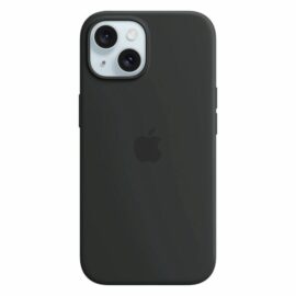 Das Bild zeigt ein Apple iPhone 15 Silikon Case mit MagSafe in Schwarz. Das Case ist auf der Rückseite eines iPhone 15 zu sehen, das die doppelte Kameraeinheit sichtbar macht. Das Bild dient dazu, das Design und die Passform des Silikon Cases auf dem iPhone zu demonstrieren.