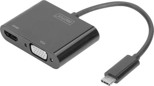 Das Bild zeigt den 'Digitus DA-70858 USB-C® zu HDMI/VGA Adapter'. Der Adapter hat einen USB-C-Anschluss an einem Ende des Kabels und einen HDMI- sowie einen VGA-Port auf der gegenüberliegenden Seite, was darauf hinweist, dass das Gerät dazu dient, ein USB-C-fähiges Gerät mit Displays zu verbinden, die entweder über einen HDMI- oder einen VGA-Eingang verfügen.