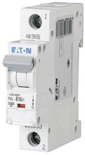Das Bild zeigt den Eaton 236059 PXL-C16/1 Leitungsschutzschalter, ein Elektroinstallationsgerät für den Überlast- und Kurzschlussschutz in Stromnetzen. Der Schalter ist in der typischen Bauform mit einem Schaltknebel zum manuellen Ein-/Ausschalten und hat oben und unten Anschlüsse für die elektrische Installation. Auf der Vorderseite sind das Eaton-Logo, die Modellbezeichnung sowie technische Spezifikationen zu sehen.