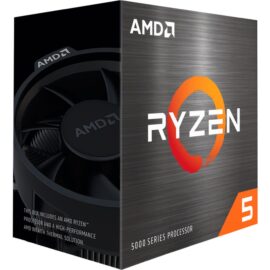 Das Bild zeigt eine Verpackung des Ryzen™ 5 5500 Prozessors von AMD. Auf der Verpackung ist ein Lüfter und das AMD-Ryzen-Logo zu sehen, sowie der Hinweis, dass die Box einen AMD Ryzen™ Prozessor und eine leistungsstarke AMD Wraith Kühlungslösung enthält. Das Bild dient dazu, das Produkt und dessen Markendesign zu präsentieren.