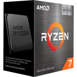 Das Bild zeigt den AMD Ryzen™ 7 5800X3D Prozessor zusammen mit der Verpackung, auf der wichtige Merkmale des Produktes hervorgehoben werden, wie die AMD 3D V-Cache™ Technologie. Der Zweck des Bildes ist es, das Design des Prozessors und seiner Verpackung zu präsentieren und gleichzeitig einige der technischen Spezifikationen und Merkmale zu betonen, die es für potenzielle Käufer interessant machen könnten.