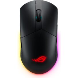 Das Bild zeigt die ROG Pugio II Gaming-Maus von oben, mit gut erkennbarem ROG-Logo, das in roter Farbe leuchtet. Die Maus ist schwarz mit einer anpassbaren Beleuchtung, die in einem Regenbogenfarbverlauf an den Seiten sichtbar ist. Der Zweck des Bildes ist es, das Design, die Marke und die Beleuchtungsfunktionen der Maus hervorzuheben.