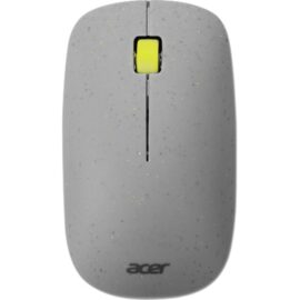 Das Bild zeigt die Acer Vero Maus, ein umweltfreundlich und ergonomisch gestaltetes Computer-Zubehör. Die Maus hat eine graue Farbe mit sichtbaren gelben Flecken und einen gelben Scroll-Knopf, sowie das Acer-Logo auf der unteren Vorderseite. Das Design zielt darauf ab, sowohl umweltbewusst als auch benutzerfreundlich zu sein.