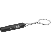 Schwarze Mini Keychain Light Taschenlampe mit Schlüsselring, auf weißem Hintergrund. Der Zweck des Bildes ist es, das Design, die Größe und den Befestigungsmechanismus der Taschenlampe zu zeigen.