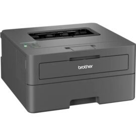 Das Bild zeigt den Brother HL-L2400DWE Laserdrucker in einer Frontansicht, ein Bürogerät mit geschlossenem Papierfach und einem sichtbaren Bedienfeld. Der Zweck des Bildes ist es, das Design und die äußere Erscheinung des Druckers zu präsentieren.