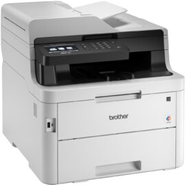 Das Bild zeigt den Brother MFC-L3750CDW Multifunktionsdrucker, einen Farblaserdrucker mit Kopier-, Scan- und Faxfunktionen in einem kompakten Design, der für Büros oder Arbeitsgruppen geeignet ist.