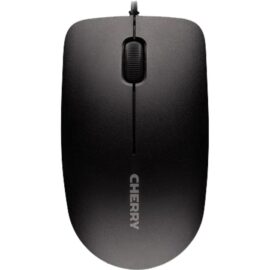 Das Bild zeigt die Cherry MC 1000 Maus, eine kabelgebundene Computermaus in Schwarz. Auf der Oberseite der Maus ist das Logo von Cherry deutlich sichtbar. Das Bild dient dazu, das Design und die ästhetische Gestaltung des Produktes zu präsentieren.