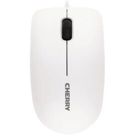 Das Bild zeigt eine MC 1000 Maus von Cherry in weißer Farbe. Auf der Oberseite des Geräts ist das Cherry-Logo deutlich zu erkennen. Das Bild dient dazu, das Design und die äußere Erscheinung der Maus zu präsentieren.