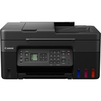 Das Bild zeigt den Multifunktionsdrucker PIXMA G4570 von Canon in Frontansicht. Zu sehen ist das kompakte Design des Druckers in Schwarz mit einem Bedienfeld auf der Vorderseite, einem Flachbettscanner oben und den auffälligen, nach vorne gerichteten, durchsichtigen Tintenbehältern auf der rechten Seite, die den Füllstand der Tinte anzeigen. Der Drucker ist für Druck-, Scan-, Kopier- und Faxfunktionen in Heim- und Büroumgebungen konzipiert.