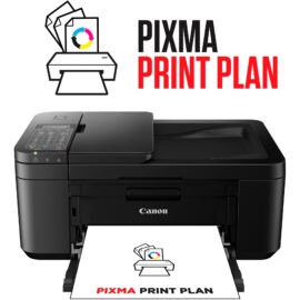 Das Bild zeigt den Canon PIXMA TR4750i, einen Multifunktionsdrucker, zusammen mit dem Schriftzug "PIXMA PRINT PLAN". Der Drucker wird in der typischen schwarzen Ausführung gezeigt und scheint das Produkt in einem werblichen Kontext zu präsentieren, um dessen Design und Marke zu betonen. Es gibt auch ein Symbol, das möglicherweise auf einen Druckerabonnement-Service oder Ähnliches hinweist, welcher unter dem Label "PIXMA PRINT PLAN" vermarktet wird.