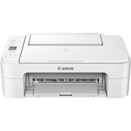 Der Canon PIXMA TS3351 Multifunktionsdrucker in Weiß, abgebildet von oben in geschlossenem Zustand, mit sichtbaren Steuerelementen und Markenzeichen. Der Drucker ist für das Scannen, Kopieren und Drucken ausgelegt und eignet sich für den Heim- oder Bürogebrauch.