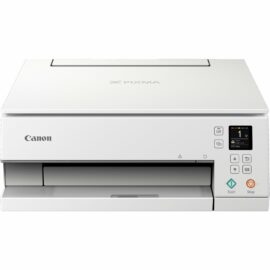 Das Bild zeigt den Canon PIXMA TS6351a Multifunktionsdrucker in Weiß. Das Design ist schlicht und modern mit deutlich sichtbaren Bedienelementen und einem kleinen Farbdisplay auf der rechten Seite des Geräts. Der Drucker verfügt über eine Frontlade-Papierzuführung und bietet Funktionen zum Drucken, Scannen und Kopieren.