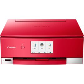 Der PIXMA TS8352a Multifunktionsdrucker von Canon, dargestellt in einem auffälligen Rot, verfügt über eine einfach zu bedienende Benutzeroberfläche mit Touchscreen-Display, auf dem drei Hauptfunktionen angezeigt werden: Kopieren, Scannen und Drucken. Unter dem Display befindet sich das Bedienfeld mit dem Einschaltknopf und einer Status-LED. Der Drucker besitzt auch ein integriertes SD-Kartenlesegerät. Das Bild hebt das moderne Design und die kompakten Abmessungen des Druckers hervor und dient dazu, die Benutzerfreundlichkeit und Konnektivitätsmöglichkeiten wie den SD-Kartenslot zu zeigen.
