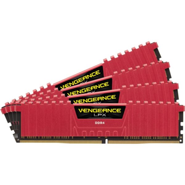 Das Bild zeigt vier rote RAM-Module des Produkts 'DIMM 64 GB DDR4-2133 (4x 16 GB) Quad-Kit, Arbeitsspeicher'. Sie sind übereinander angeordnet, sodass man die goldfarbenen Kontakte im unteren Bereich und die Kühlkörper in rot an der Oberseite erkennen kann. Auf jedem Modul befindet sich das Vengeance LPX Logo. Der Zweck des Bildes ist es, das Design und die physische Form der RAM-Module darzustellen.