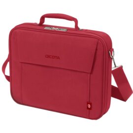 Das Bild zeigt eine rote Eco Multi BASE Notebooktasche von DICOTA vor einem einfarbigen Hintergrund. Die Tasche hat einen Tragegriff oben und einen abnehmbaren, verstellbaren Schultergurt. Auf der Vorderseite der Tasche ist das Logo von DICOTA deutlich sichtbar, und es gibt eine Vortasche mit Überwurflasche. Das Design wirkt schlicht und zweckmäßig, mit einem Fokus auf Funktionalität und Tragekomfort. Die Tasche dient dazu, ein Notebook sicher zu transportieren und zu schützen.