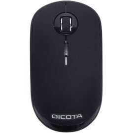 Das Bild zeigt eine Wireless Mouse SILENT von Dicota aus einer oberen Perspektive. Man kann das schlichte schwarze Design der Maus erkennen, inklusive des Scrollrades und der beiden Haupttasten. Darüber hinaus ist das Logo von Dicota auf der unteren Vorderseite der Maus zu sehen. Das Bild dient zur visuellen Präsentation des Produkts für potenzielle Käufer oder Nutzer.