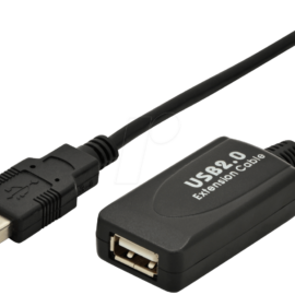 Das Bild zeigt das Produkt DIGITUS DA-73102, ein 20 Meter langes USB 2.0 Verlängerungskabel, mit einem USB Typ-A Stecker an einem Ende und einer USB Typ-A Buchse am anderen. Das Produktbild dient dazu, die Ausführung des Kabels und die Art der Anschlüsse zu veranschaulichen, um Kunden bei der Identifizierung und Auswahl des richtigen Kabels für ihre Bedürfnisse zu helfen.