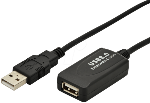 Das Bild zeigt das Produkt DIGITUS DA-73102, ein 20 Meter langes USB 2.0 Verlängerungskabel, mit einem USB Typ-A Stecker an einem Ende und einer USB Typ-A Buchse am anderen. Das Produktbild dient dazu, die Ausführung des Kabels und die Art der Anschlüsse zu veranschaulichen, um Kunden bei der Identifizierung und Auswahl des richtigen Kabels für ihre Bedürfnisse zu helfen.