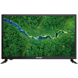 Das Bild zeigt den ENTER 24 PRO X2 LED-Fernseher der Marke DYON. Der Bildschirm ist eingeschaltet und präsentiert ein lebhaftes Bild mit Luftaufnahme eines bewaldeten Gebietes mit einem Fluss, um die Bildqualität des TVs zu demonstrieren. Der Fernseher hat einen schmalen schwarzen Rahmen, und das Logo der Marke DYON ist unten mittig zu sehen. Der Standfuß ist ebenfalls sichtbar.