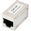 Das Bild zeigt eine Cat.6a Modular Kupplung, ein Netzwerkzubehör zum Verbinden von zwei Ethernet-Kabeln. Die Kupplung ist rechteckig, überwiegend weiß und besitzt auf einer Seite die Beschriftung "CAT.6A" um die Kategorie und Leistungsmerkmale des Produkts zu kennzeichnen. Sie hat an gegenüberliegenden Seiten je eine RJ45-Buchse, um die Kabelstecker aufzunehmen und eine durchgehende Verbindung zu ermöglichen.