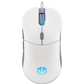 Produktabbildung der GEM Onyx White Gaming-Maus, die eine weiße, ergonomische Computermaus mit blauer LED-Beleuchtung in der Scroll-Rad-Zone und einem Logo an der Unterseite zeigt. Das Design betont die Ästhetik und Funktion für Gamer.