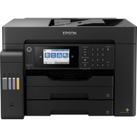 Das Bild zeigt den Epson EcoTank ET-16600 Multifunktionsdrucker, ein All-in-One-Gerät, das zum Drucken, Scannen, Kopieren und Faxen verwendet wird. Es ist mit einem großen, farbigen Touchscreen-Bedienfeld und separaten Tintentanks für eine einfache Nachfüllung ausgestattet, um papierintensive Büros mit einem Bedarf an großformatigen Ausdrucken zu unterstützen.