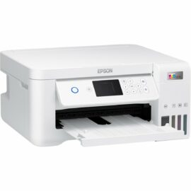 Das Bild zeigt den EcoTank ET-2856 Multifunktionsdrucker von Epson. Der Drucker ist weiß und verfügt über eine Frontbedienung mit einem kleinen Display und Bedientasten. Auf der rechten Seite sind die sichtbaren Tintentanks zu erkennen, die für eine einfache Nachfüllung der Tinte konzipiert sind. Der Zweck des Bildes ist es, das Design und die Funktionalitäten des Druckers zu präsentieren.